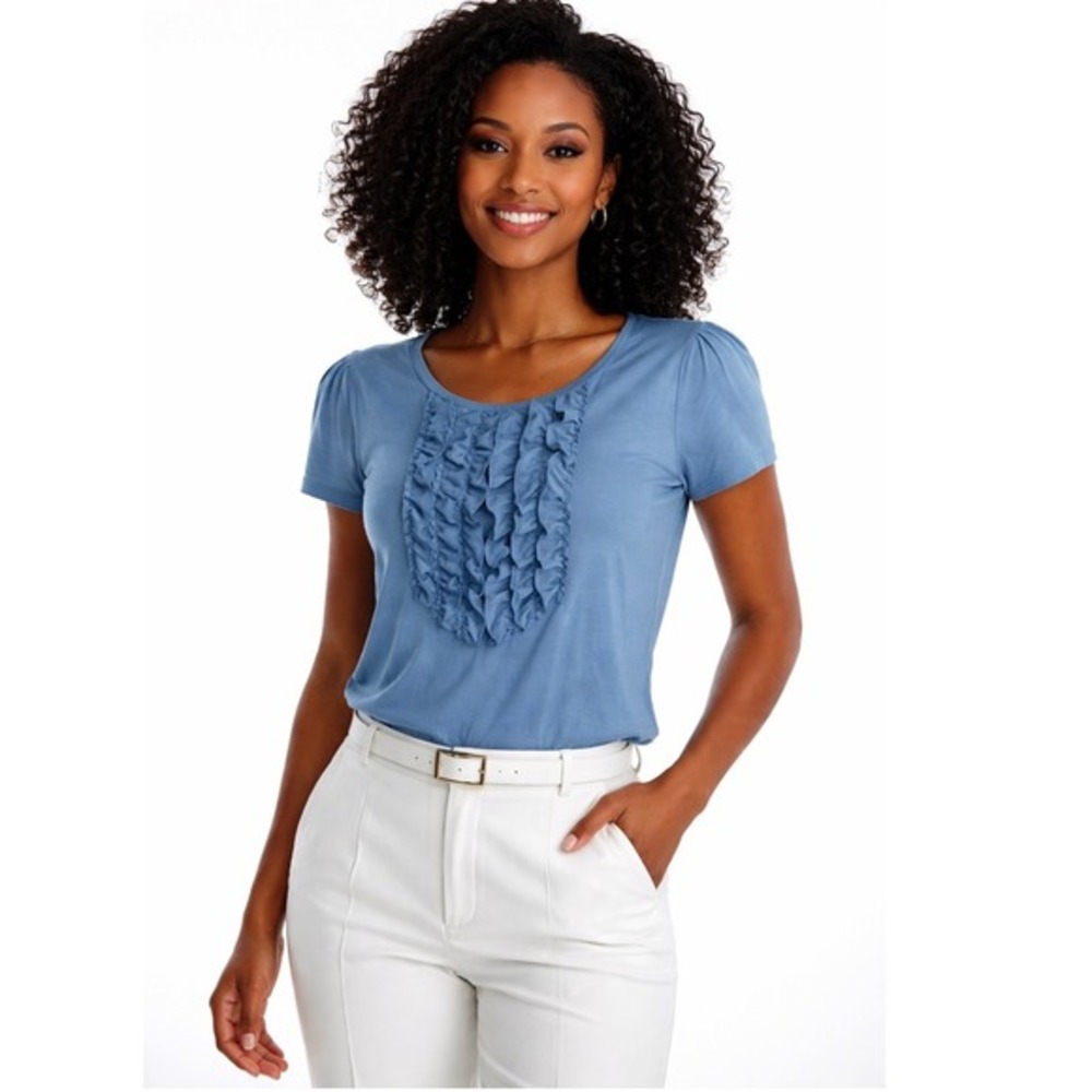 Ann Taylor Blue‎ Ruffle Bib Short Sleeve Top M Cottagecore Chic Preppy  75-26